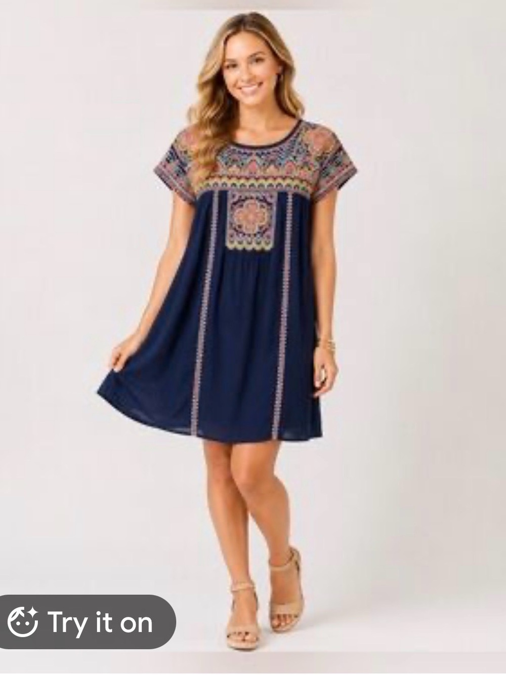 Johnny Was Navy Embroidered Short Swing Dress